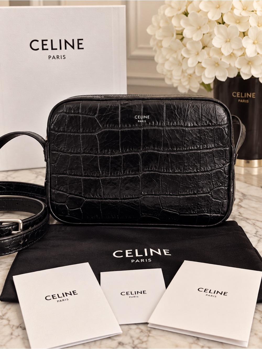 CELINE Black Croc-Embossed Leather Camera Crossbody Bag